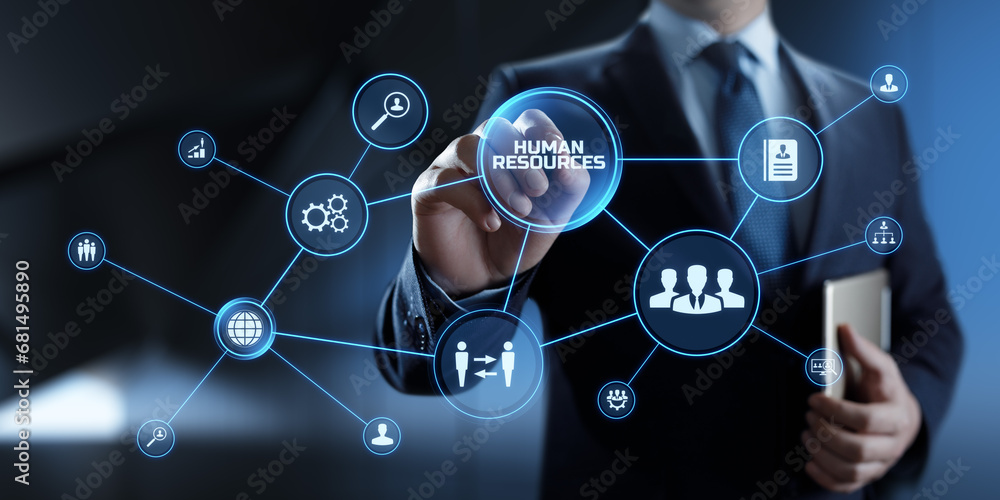 HR Human resources management Recruitment Headhunting. Businessman pressing button on screen. HR Human resources management Recruitment Headhunting. Businessman pressing button on screen.