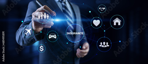 Insurance Insurtech. Businessman pressing button on screen.