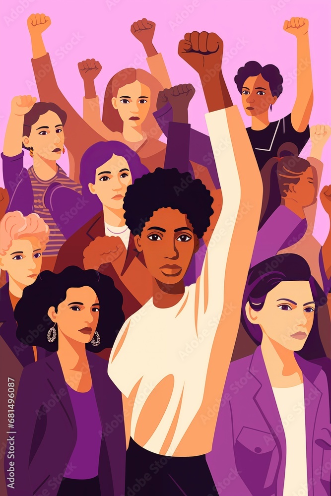 Poster of multicultural women standing at a feminist demonstration during International Women's Day protest. Raising their fists in a sign of justice and equality Poster of multicultural women standing at a feminist demonstration during International Women's Day protest. Raising their fists in a sign of justice and equality