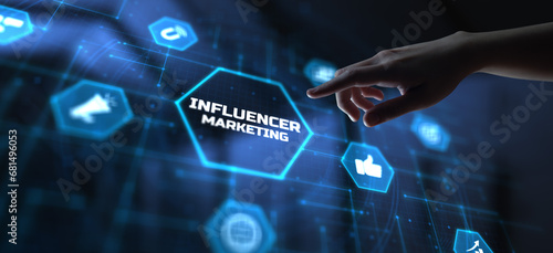 Influencer marketing social media and internet concept. Hand pressing button on screen.