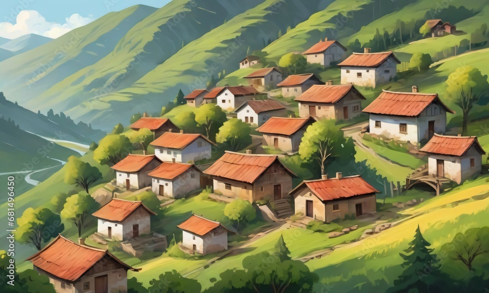 Painting Style Illustration Of A Peaceful Small Rural Village On A Mountain Slope.