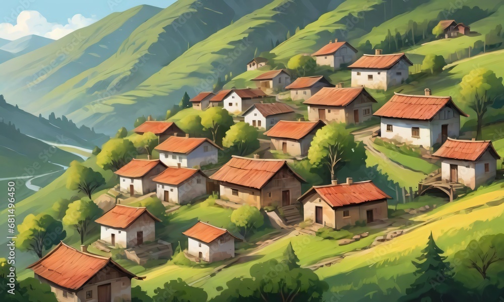 Painting Style Illustration Of A Peaceful Small Rural Village On A Mountain Slope. Painting Style Illustration Of A Peaceful Small Rural Village On A Mountain Slope.