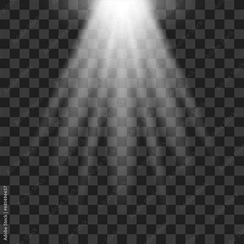 Fototapeta premium Bright spotlights. Light effect isolated on transparent background. Graphic beam illumination. Vector illustration.
