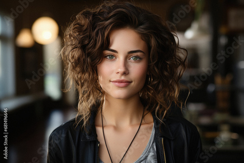 Portrait of beautiful young woman with curly hair in a cafe.