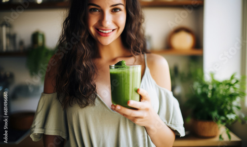A young woman stood in a kitchen with a healthy green smoothie detox diet drink