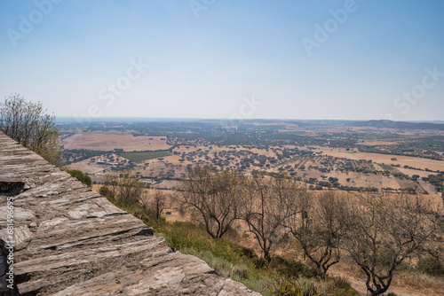 Stone wall for view of dry trees and plain typical of Alentejo, climate change scenery - PORTUGAL