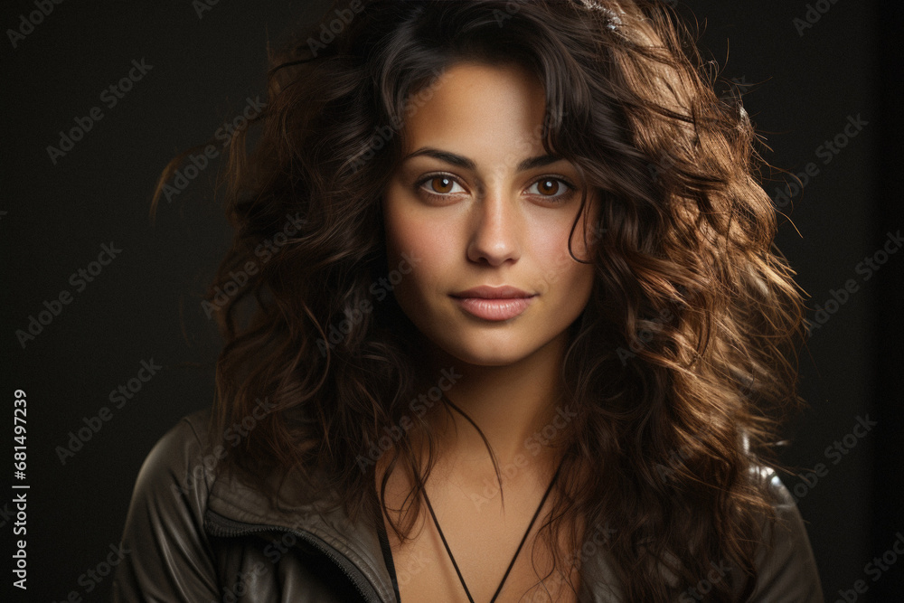 Portrait of beautiful young woman with wavy hair on dark background.