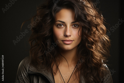 Portrait of beautiful young woman with wavy hair on dark background.