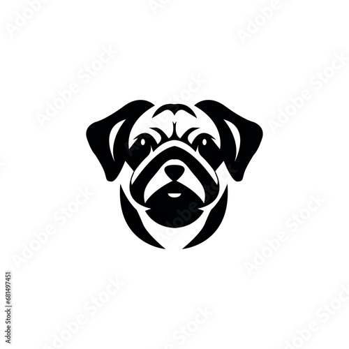 Cute muzzle of a black pug on a white background. Drawing, raccoon logo, icon.