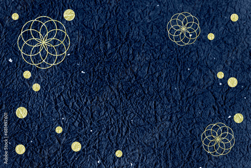 正月イメージ　菊模様と水玉模様の和紙のデザイン（金色の模様と藍色の和紙の背景）