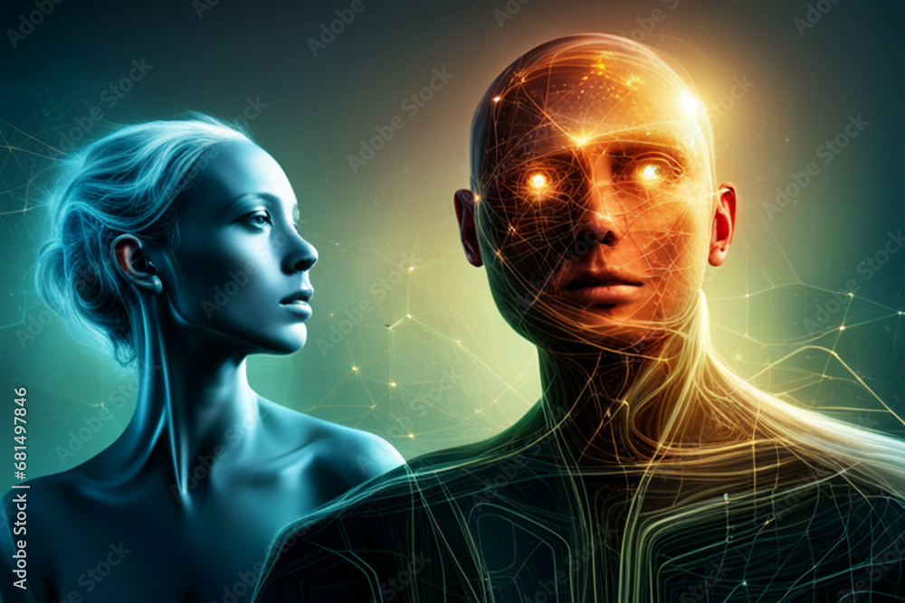 A man with glowing eyes and a woman. Cyberpunk A man with glowing eyes and a woman. Cyberpunk