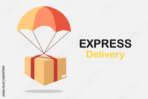 Air delivery service. Box package with parachute. Online fast delivery service. Vector illustration.