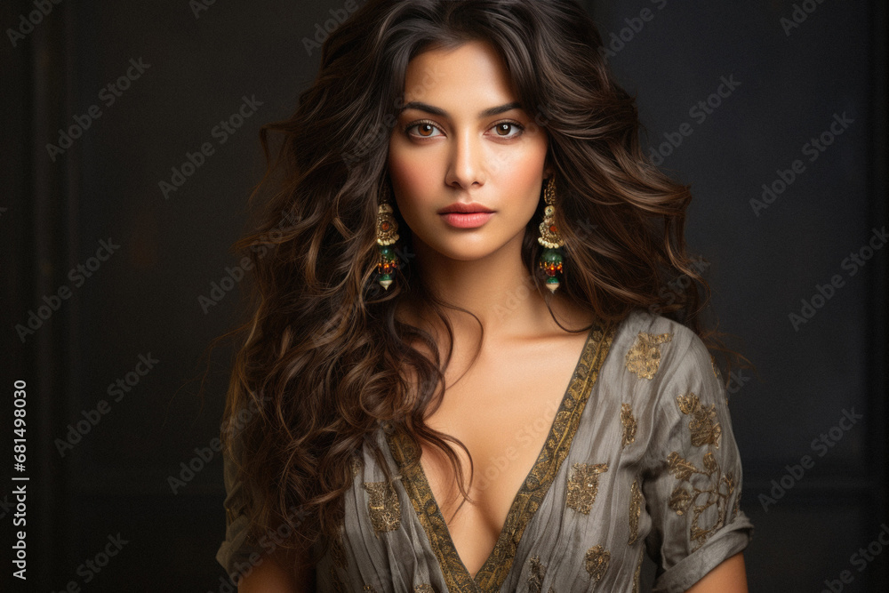 Portrait of beautiful young brunette woman with long curly hair. Portrait of beautiful young brunette woman with long curly hair.