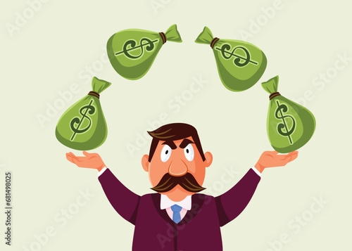 Rich Banker Man Juggling with Money Bags Vector Cartoon Illustration. Greedy billionaire tossing capital up in the air 
