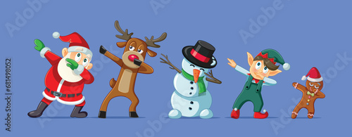 Santa Claus and his Little Helpers Dancing Together Vector Banner Cartoon. Funny characters having fun celebrating during holidays 
 photo