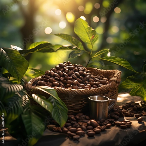 Open bag with coffee beans slices of green leaves. beautiful light, vigor of coffee beans, among coffee bushes