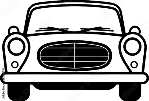 Old car front view silhouette icon in black color. Vector template for tattoo or laser cutting.