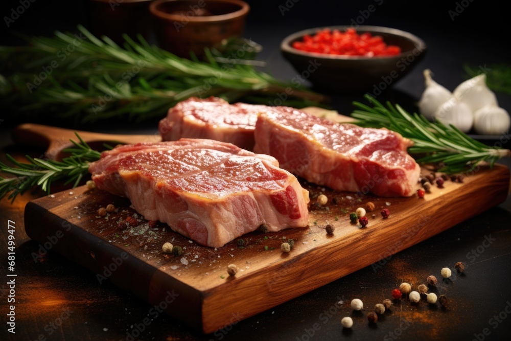 Meat steak with rosemary on a cutting board