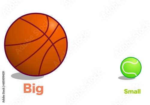 Big small, opposites. Tennis, basketball ball. English words lesson, School worksheet kids adjectives. Team and individual sports. Language education. Illustration vector