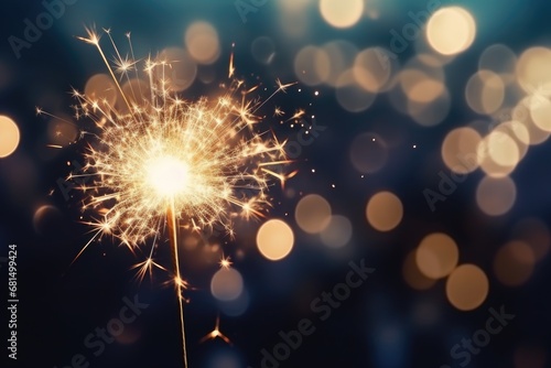 The sparkler burns brightly with brilliant sparks and bokeh on a festive background