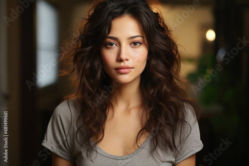 Portrait of a beautiful young brunette woman in a gray T-shirt.