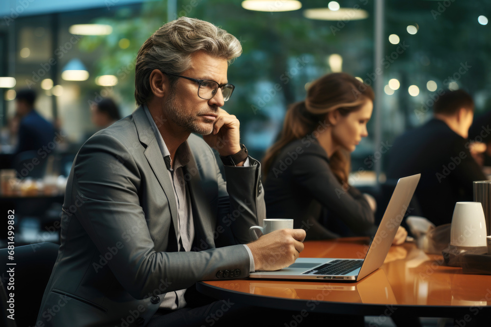 A business man looks at a laptop, works in the office A business man looks at a laptop, works in the office