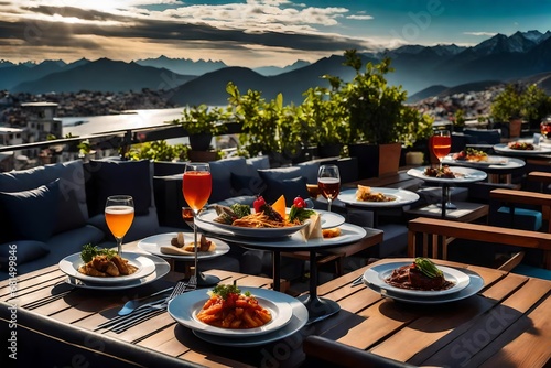 Rooftop Dining Experience with Tables and Chairs on a Terrace, Elevated Above the Cityscape