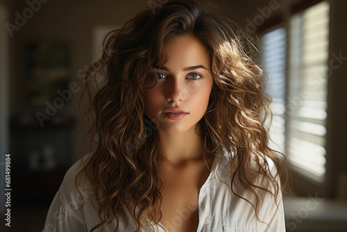 Portrait of beautiful young woman with long curly hair at home.