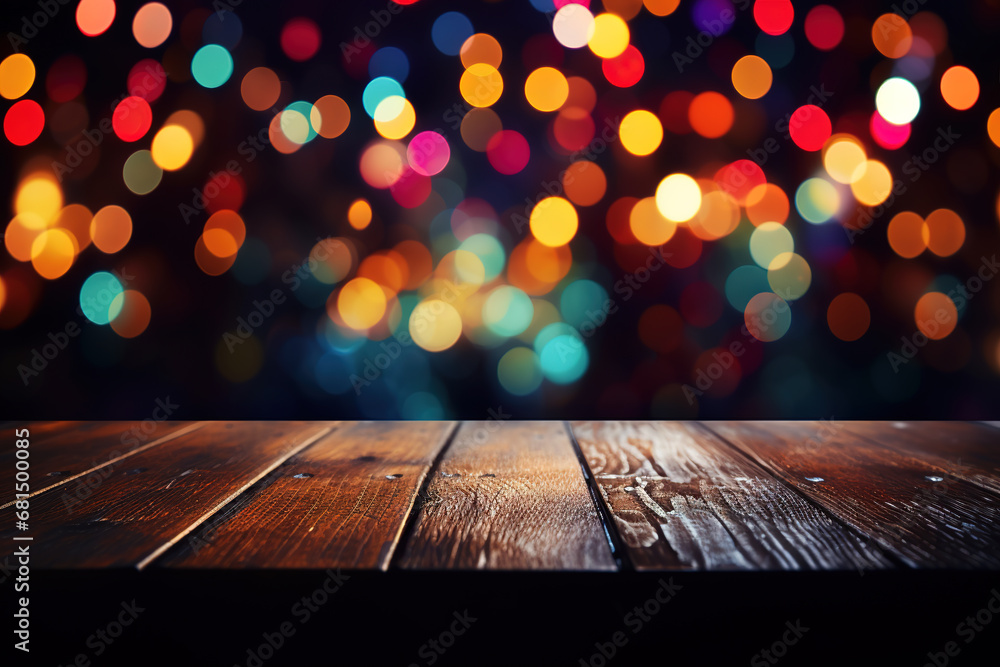 Holiday colorful bokeh background with empty wooden deck table Holiday colorful bokeh background with empty wooden deck table