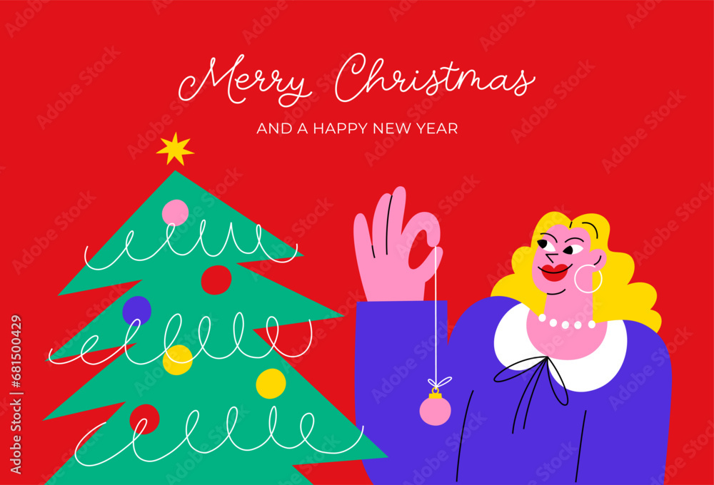 Happy woman decorate the Christmas tree. Merry Christmas and Happy New Year greeting card. Trendy flat style. Happy woman decorate the Christmas tree. Merry Christmas and Happy New Year greeting card. Trendy flat style.