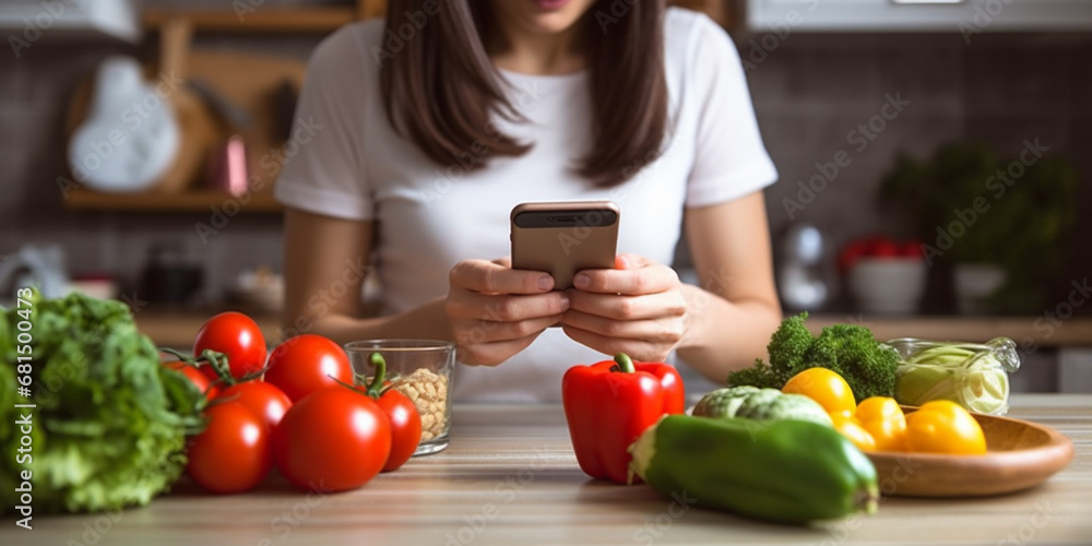 Woman preparing healthy vegetables in a kitchen and holding a cell phone Woman preparing healthy vegetables in a kitchen and holding a cell phone