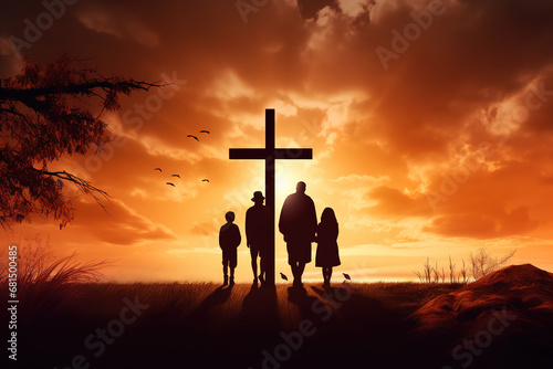Silhouette of family looking for the cross of Jesus Christ on autumn sunrise background. Easter Sunday concept. photo