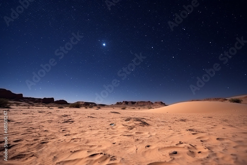 enchanting beauty of desert landscape under clear night sky, with stars twinkling above and the moon casting soft glow on the sand