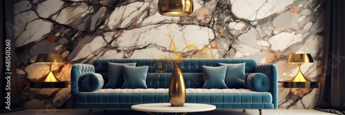 Luxury living room interior with blue sofa and gold lamp. Elegant Luxury Interior of Living Room of a Rich House.