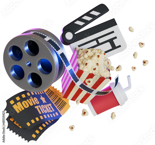 Movie ticket concept and movie slate popcorn spread element related to watching movies 3D illustration