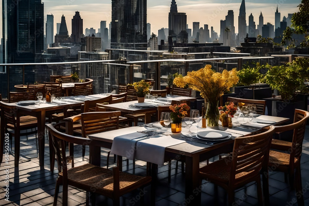 Tables and Chairs on a Restaurant Terrace, Offering a City Escape