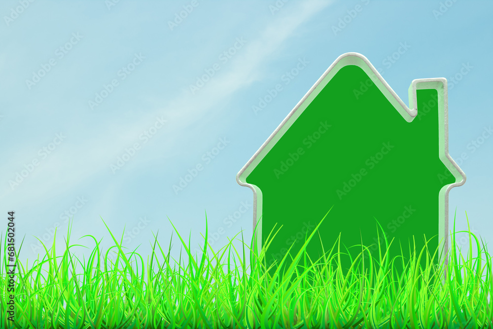Green house model in green grass against blue sky background. Green house concept. Green house model in green grass against blue sky background. Green house concept.
