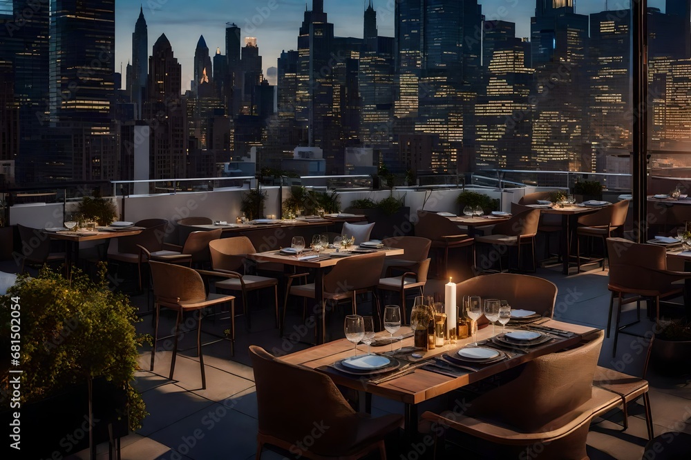 Rooftop Dining Experience with Tables and Chairs on a Terrace, Elevated Above the Cityscape