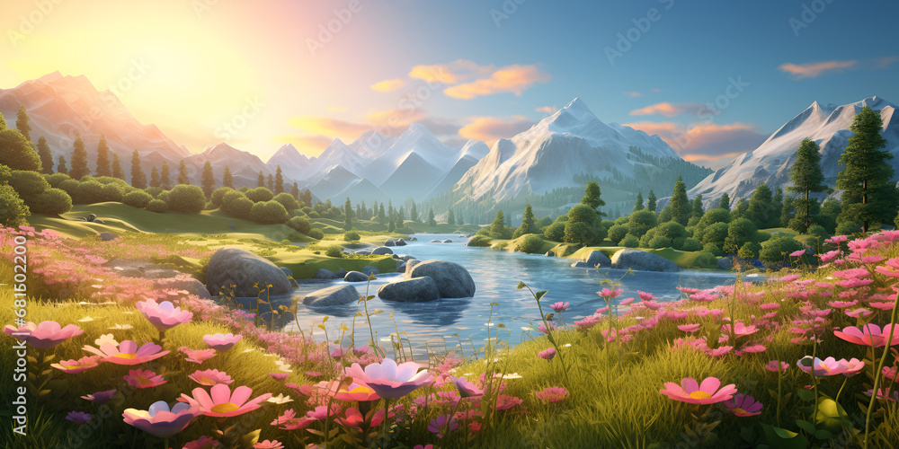 sunset in the mountains,Nature's Canvas: Realistic Images of a Serene River Landscape.AI Generative 