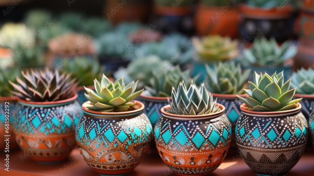Decorative tropical Succulents in geometric ornamented flower pots in art deco style. Space for text