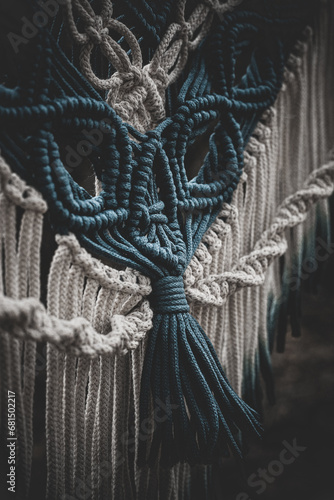 Panel of blue and white macrame on a decorative branch in nature