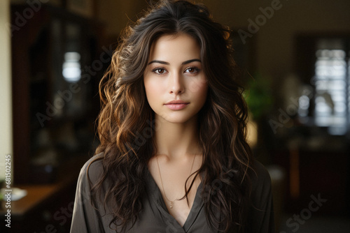 Portrait of beautiful young brunette woman with long curly hair.
