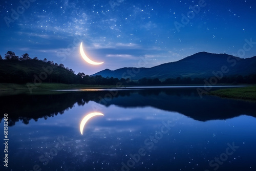 magic of crescent moon reflected in the calm waters of tranquil lake, creating serene and enchanting scene
