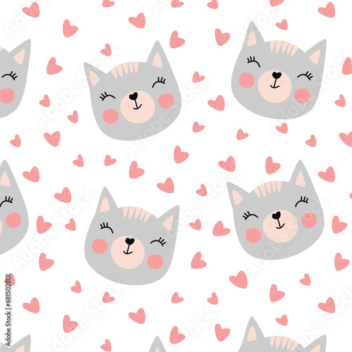 Seamless pattern with a cute gray cat with hearts, seamless print for backgrounds. Vector illustration