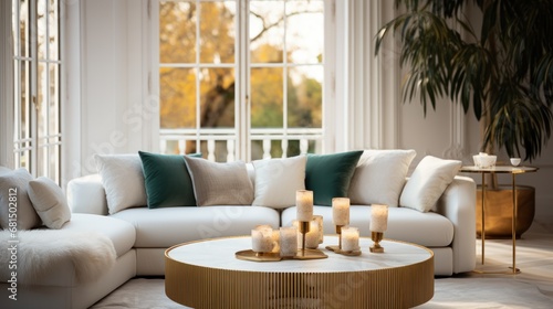 Modern living room interior design with white sofa  coffee table and candles. Elegant Luxury Interior of Living Room of a Rich House.