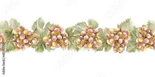 Fototapeta Naklejka Na Ścianę i Meble -  Watercolor seamless border pattern. Bunch of green yellow grapes, leaves and grape berry. Grapevine hand painted. Wrapping paper, labels, fabric. Botanical illustration isolated on white background. 