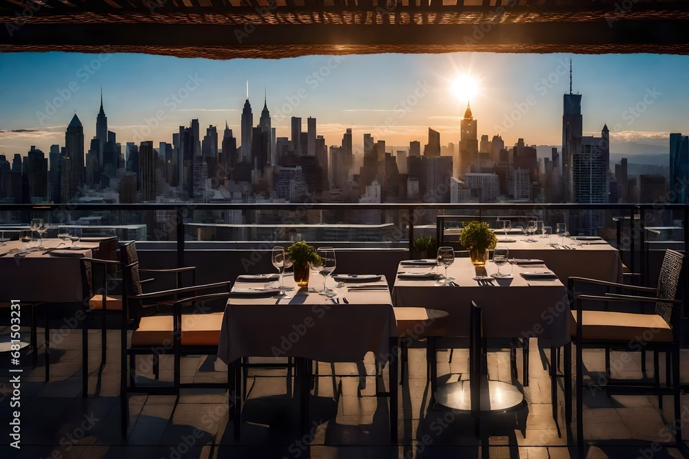 Rooftop Restaurant Terrace with Tables and Chairs, Overlooking City Skylines