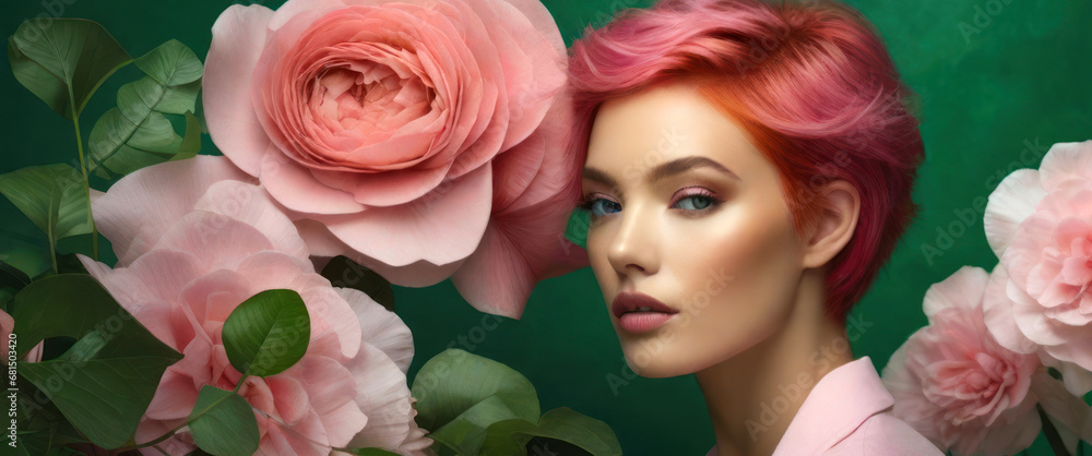portrait of a female model with bleached, pink colored hair against green background portrait of a female model with bleached, pink colored hair against green background