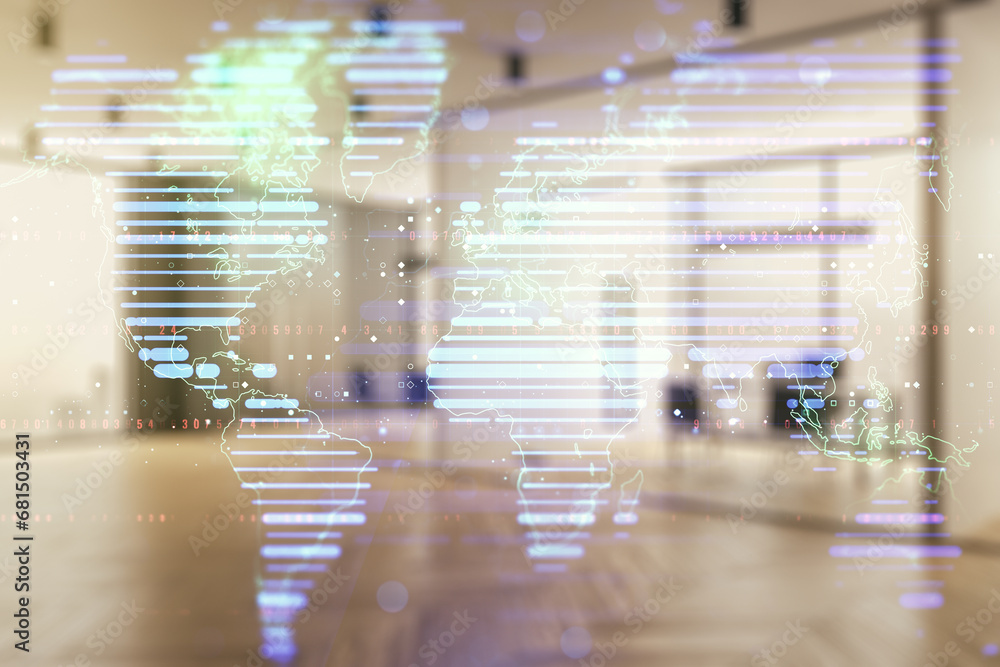 Multi exposure of abstract graphic world map hologram on a modern furnished office interior background, connection and communication concept Multi exposure of abstract graphic world map hologram on a modern furnished office interior background, connection and communication concept