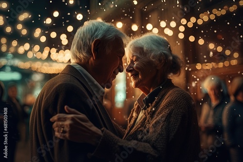 Elderly cute couple dances a slow dance in a cozy place. Beautiful aging. Youth inside